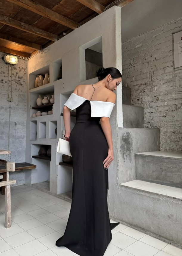 Classic Black-White Mermaid Off the Shoulder Satin Long Prom Dress with Slit SH5292