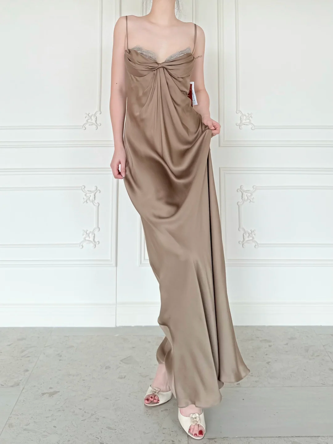 Simple Sheath Spaghetti Strap Brown Satin Long Prom Dress Evening Dress SH6764