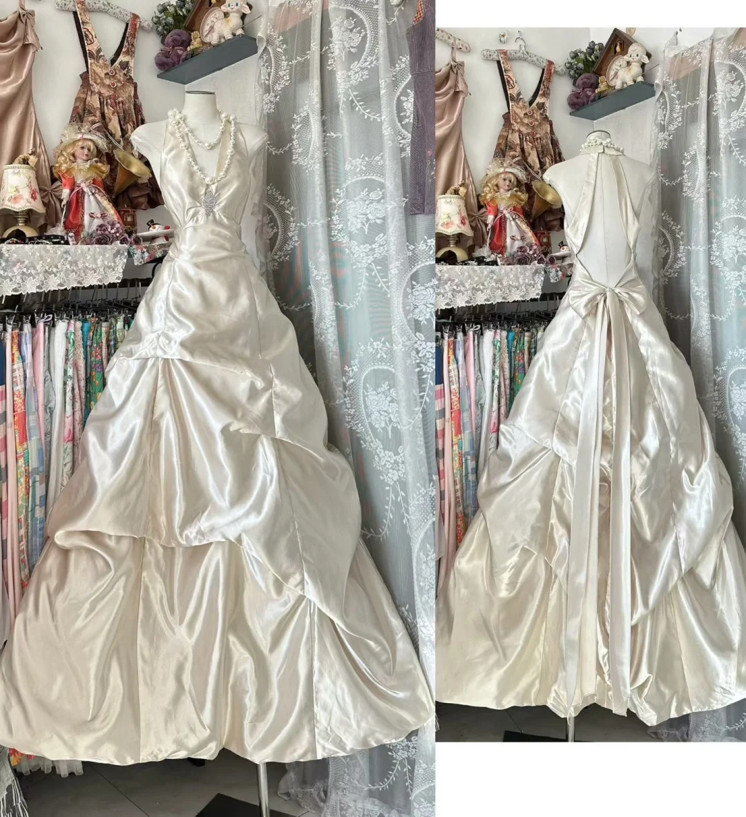 Ivory A Line Halter Beaded Satin Open Back Prom Dress Evening Dress SH5621