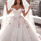 Off Shoulder Tulle Ball Gown Wedding Dresses Floral Flowers Beaded P5461
