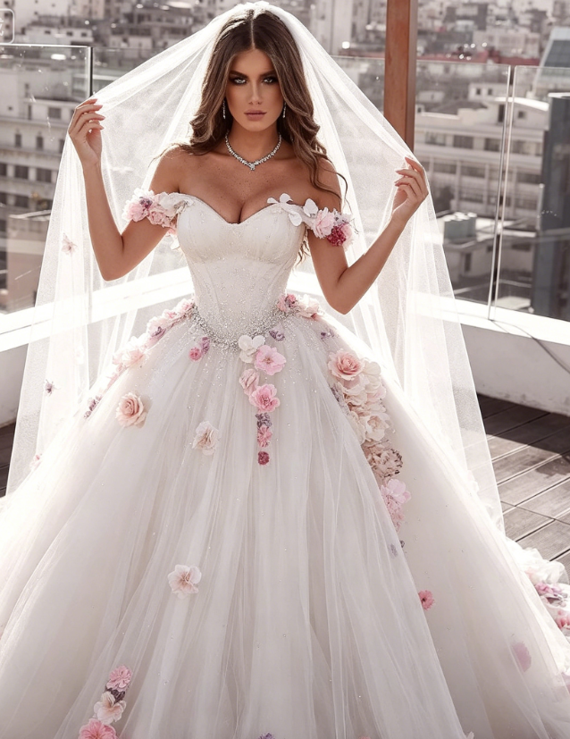 Off Shoulder Tulle Ball Gown Wedding Dresses Floral Flowers Beaded P5461