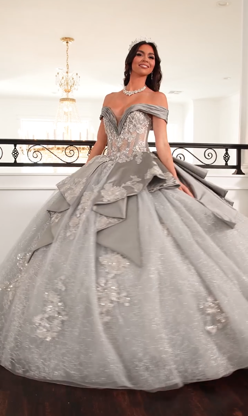 Silver Ball Gown Applique Lace Sequin Tulle Satin Long Prom Dress Quinceanera Dress SH5166