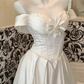 White Classy Ball Gown Off the Shoulder Pearl Satin Long Prom Dress Wedding Dress SH3857