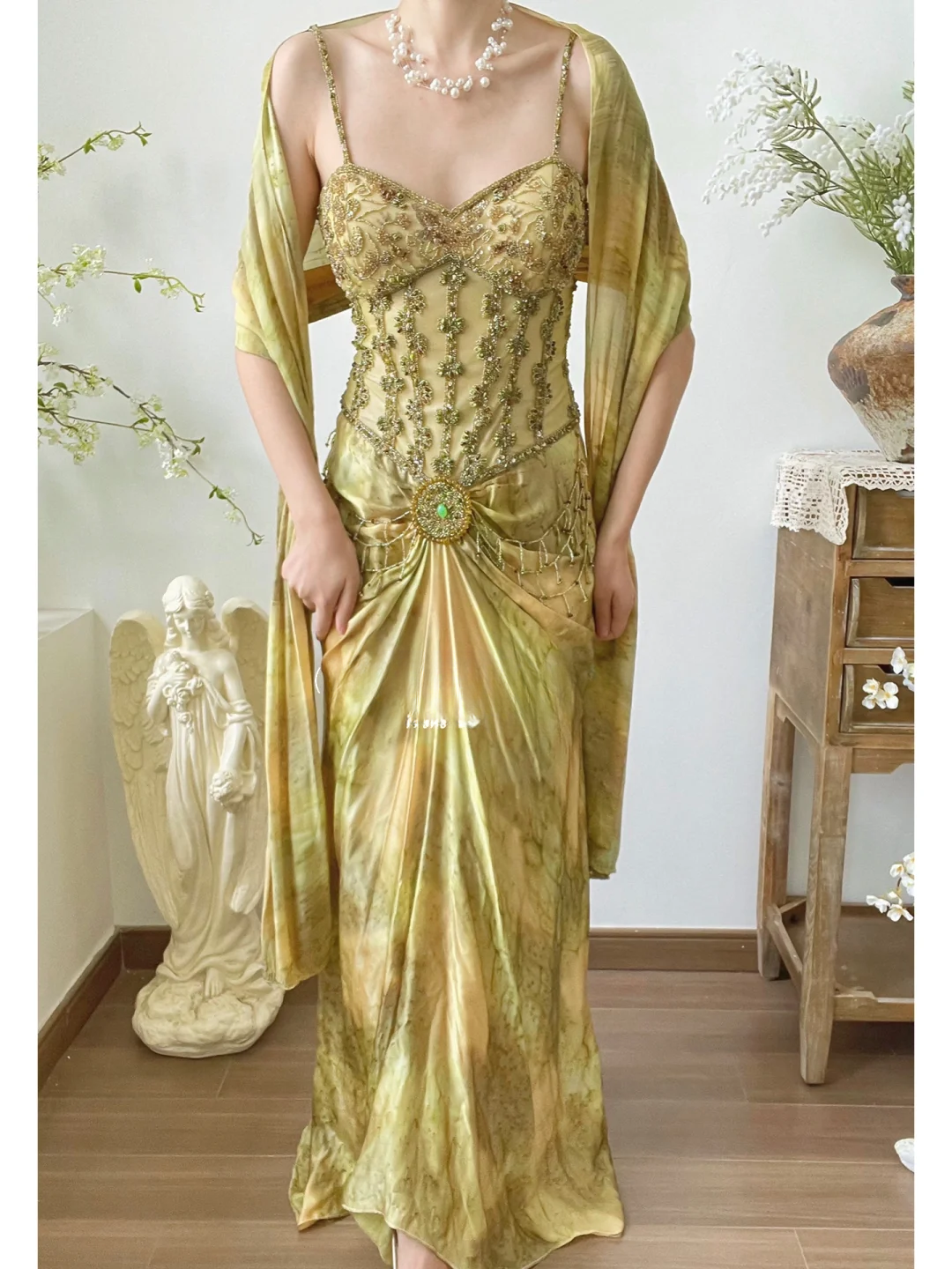 Retro Green Mermaid Spaghetti Strap Beaded Satin Prom Dress 18th Birthday Dress SH3899