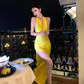 Sexy Bright Yellow Sheath Halter Satin Open Back Prom Dress Evening Dress with Slit SH4335