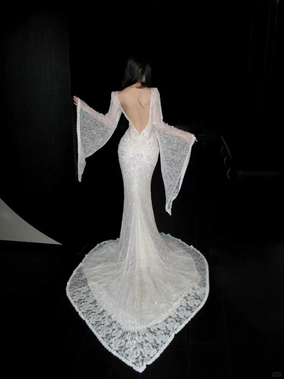 Sexy Mermaid Long Sleeve White Lace Open Back Long Sweep Wedding Dress SH5230