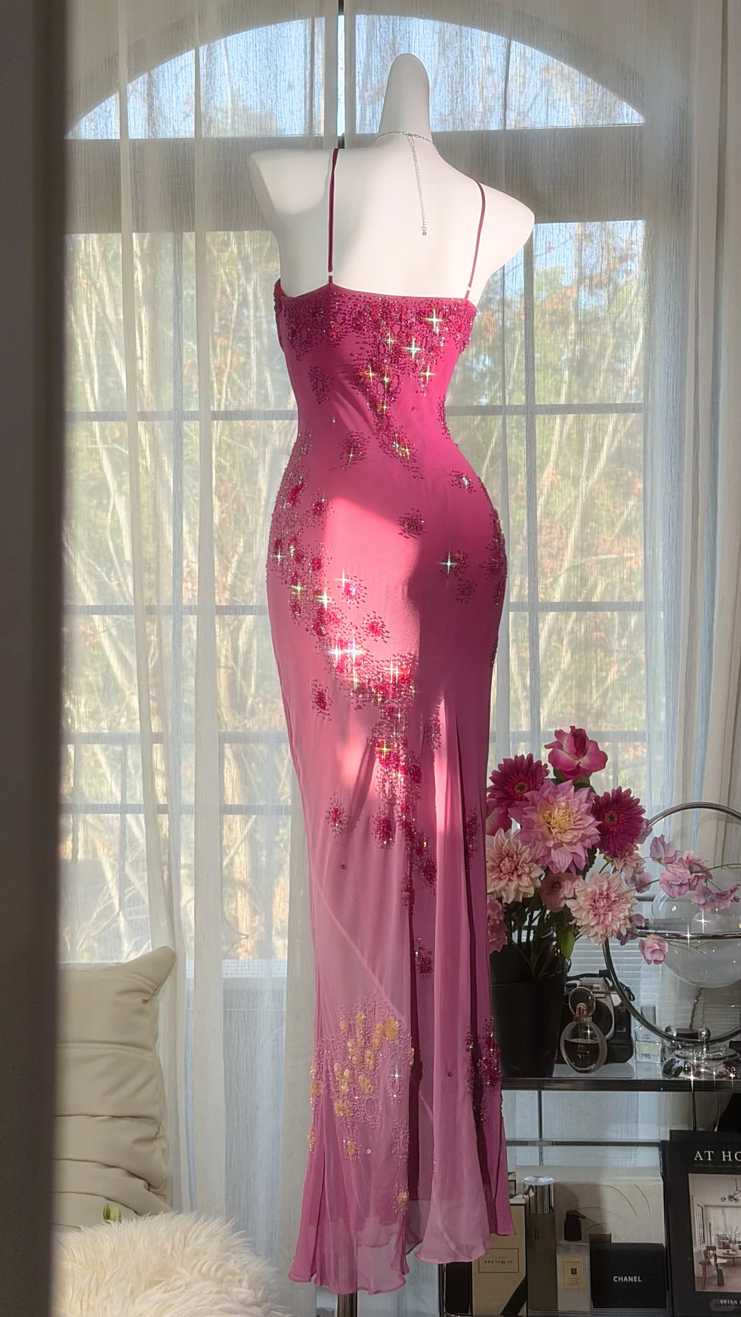 Dreamy Pink Ombre Sheath Floral Beaded Chiffon Long Prom Dress Graduation Prom Dress SH5348