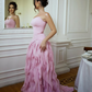 Pink A Line Strapless Ruffle Chiffon Satin Prom Dress Evening Dress SH6404