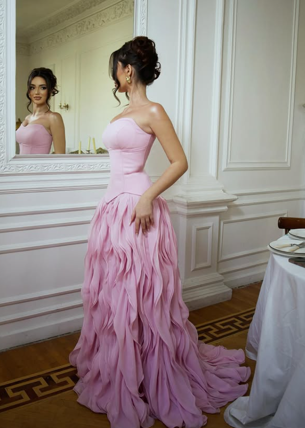 Pink A Line Strapless Ruffle Chiffon Satin Prom Dress Evening Dress SH6404