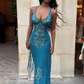 Vintage A Line V Neck Cerulean Beaded Chiffon Long Prom Dress Evening Dress SH5329