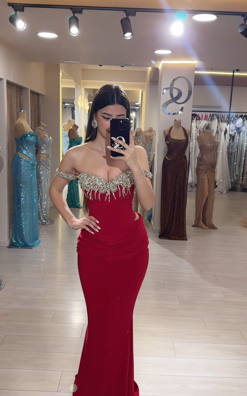 Sexy Mermaid Off the Shoulder Beaded Red Satin Long Prom Dress Evening Dress SH4797