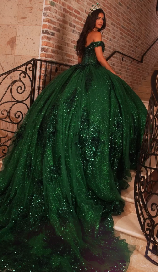 Dark Green Sequin Tulle Applique Long Prom Dress Quinceanera Dress Ball Gown SH5181