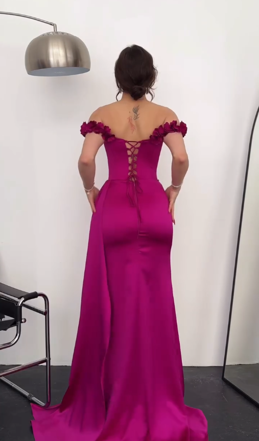 Hot Pink Mermaid Off the Shoulder Floral Satin Prom Dress Party Dress SH4842