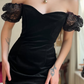 Vintage Sheath Puff Sleeve Black Velvet Knee Length Prom Dress Evening Dress SH6078
