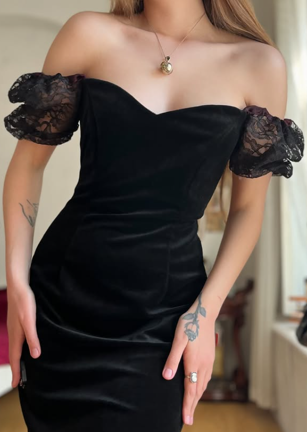 Vintage Sheath Puff Sleeve Black Velvet Knee Length Prom Dress Evening Dress SH6078