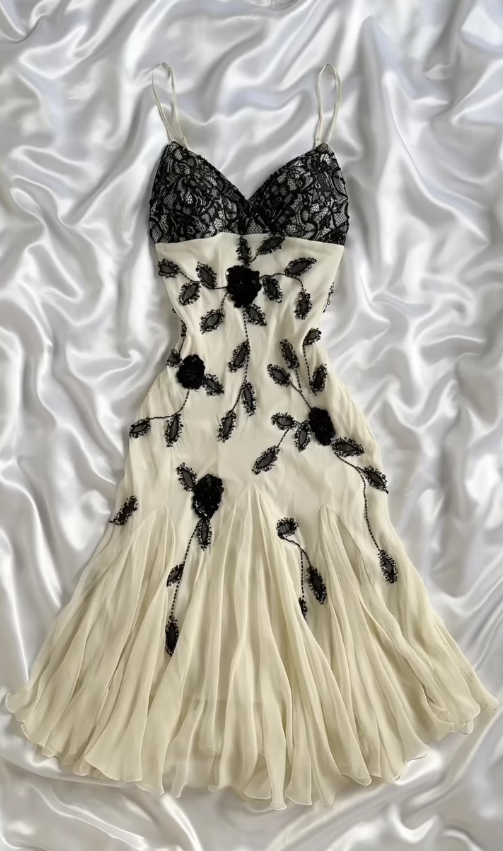 Vintage Tea Length A Line Black Beaded Apricot Chiffon Party Dress Prom Dress SH5467