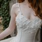 Vintage Ivory A Line Straps Lace Appliques Satin Long Wedding Dress SH6095
