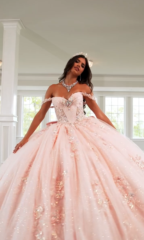Sweety Pink Ball Gown Applique Sequin Tulle Satin Long Prom Dress Quinceanera Dress SH5167