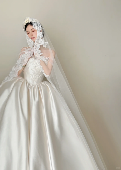 White Pearl Ball Gown Strapless Lace Satin Long 16th Birthday Dress Wedding Dress SH3962