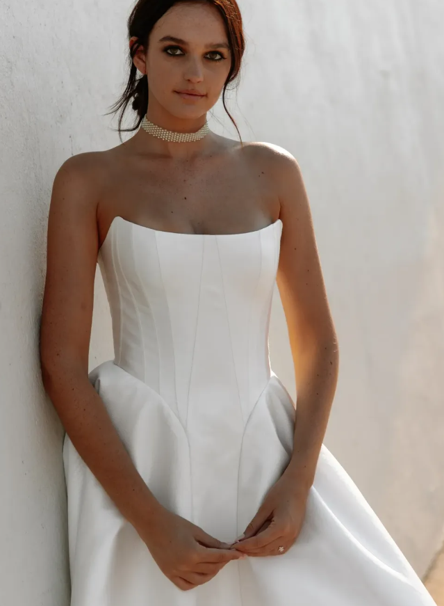 High-class Simple A Line Strapless White Satin Long Wedding Dress SH7355