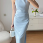 Baby Blue Sheath Round Neck Satin Prom Dress Evening Dress Party Dress SH4217