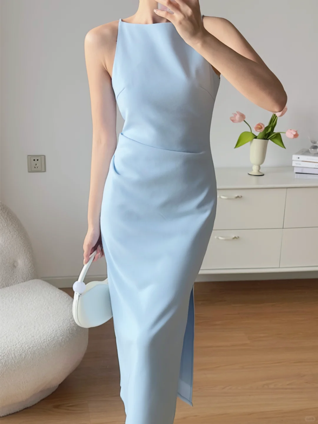 Baby Blue Sheath Round Neck Satin Prom Dress Evening Dress Party Dress SH4217