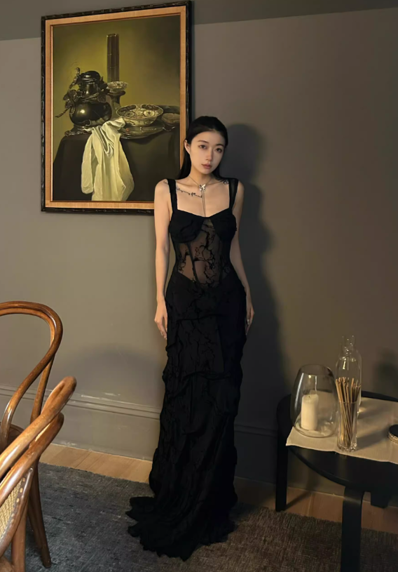 Sexy Black Sheath Straps Lace Chiffon Long Prom Dress Evening Dress SH4391