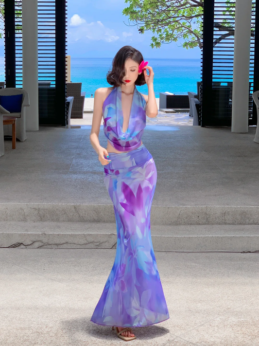 Two Piece Mermaid Halter Purple Print Floral Chiffon Long Prom Dress Outfits SH4332