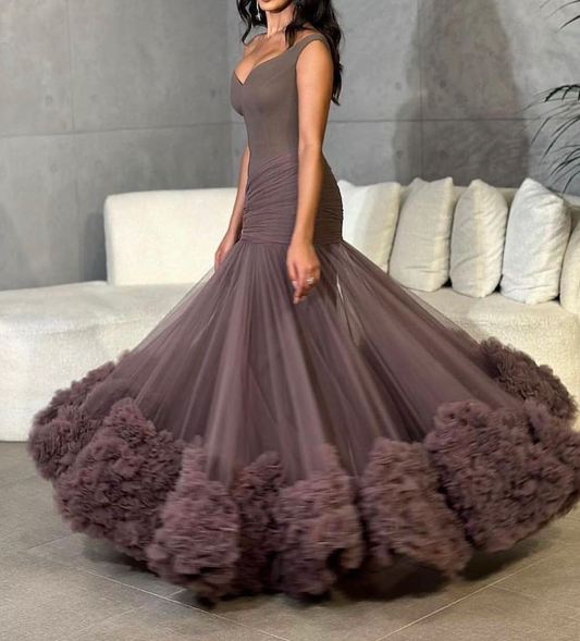 Brown Mermaid V Neck Tulle Long Prom Dress Evening Dress SH1895