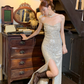 Shiny A Line Sweetheart Neck Silver Sequin Prom Dress Evening Dress with Slit SH3084