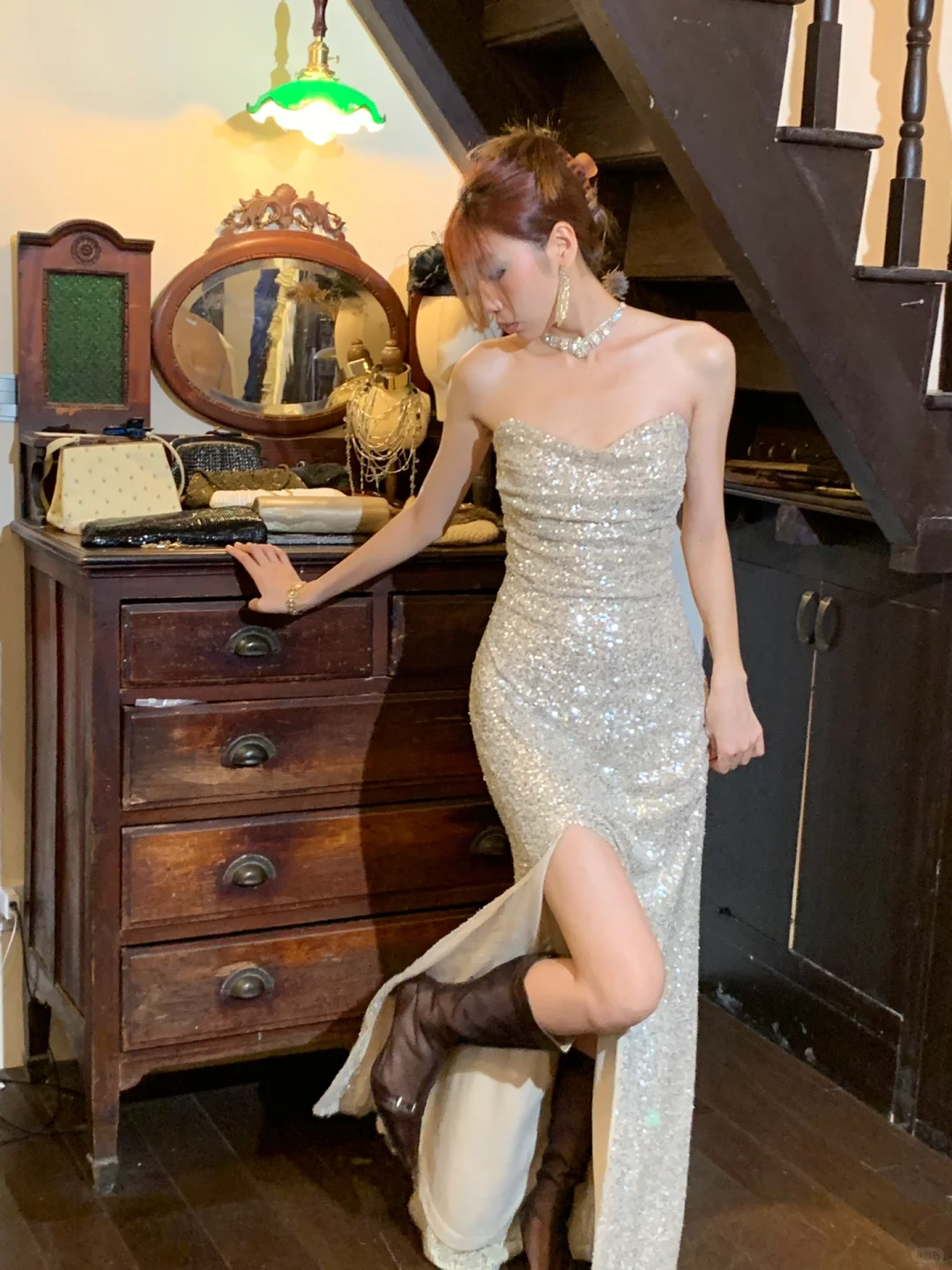 Shiny A Line Sweetheart Neck Silver Sequin Prom Dress Evening Dress with Slit SH3084
