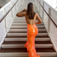 Unique Prtint Orange Long Mermaid Prom Dress Evening Dress SH953