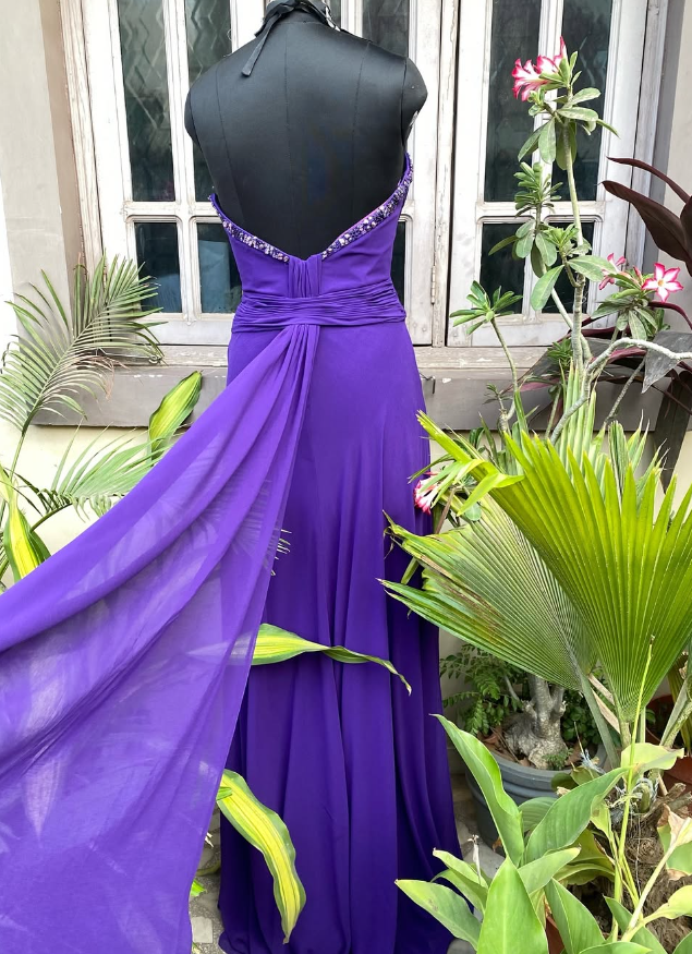 Purple A Line Sweetheart Neck Rhinestone Chiffon Long Prom Dress Evening Dress SH1850