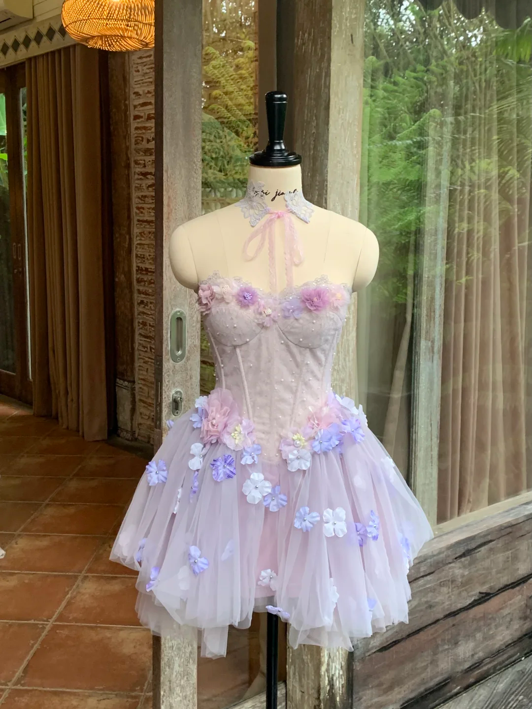 Dreamy Purple A Line Strapless Floral Tulle Short Prom Dress Homecoming Dress SH7177