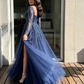 Blue Long Sleeves Slit Prom Dress Long Party Dress Evening Dress SH903