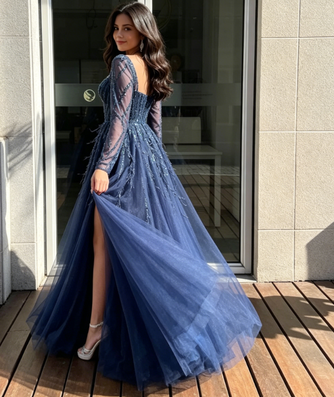 Blue Long Sleeves Slit Prom Dress Long Party Dress Evening Dress SH903
