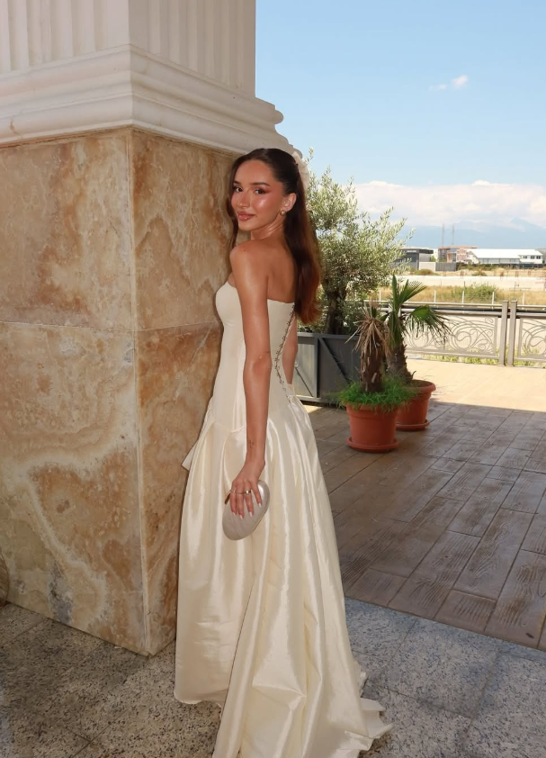 Light Champagne Elegant A Line Strapless Satin Prom Dress Evening Dress SH6067