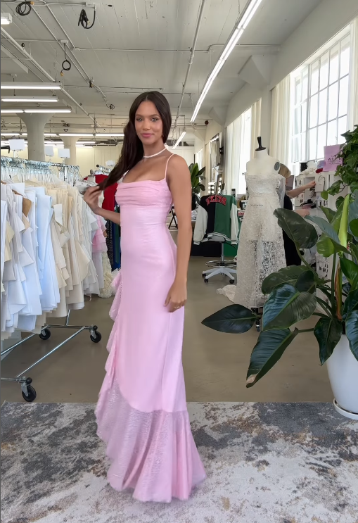 Pink Mermaid Spaghetti Strap Sequin Ruffle Long Prom Dress 16th Birthday Dress with Slit SH4511