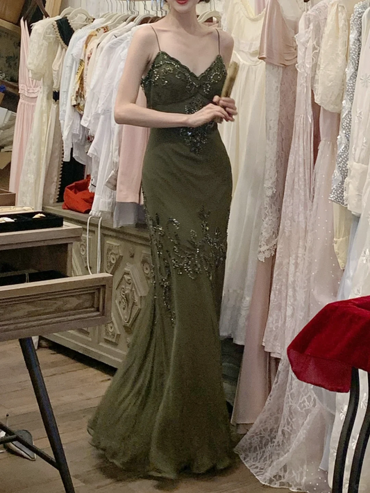 Vintage Olive Green Mermaid Spaghetti Strap Exquisite Beaded Chiffon Prom Dress 22th Birthday Dress SH4407