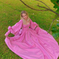 Pink A Line Long Sleeve Satin Long Prom Dress Evening Dress with Slit SH3729