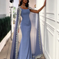 Sparkly  Blue Evening Dresses Cape Long Mermaid Prom Dress Formal Evening Dress Wedding Dress SH945