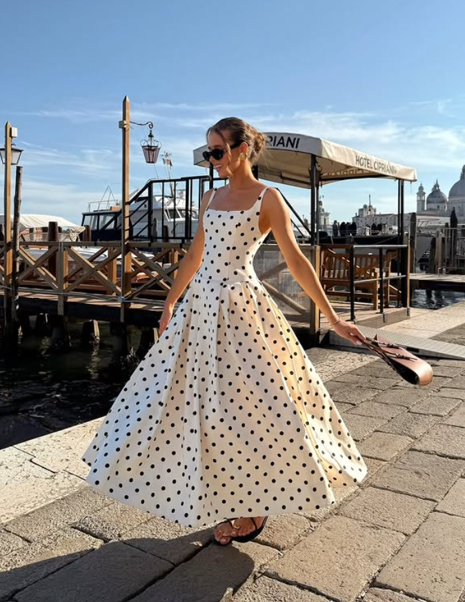 Classic Black-White Polka Dot A Line Straps Satin Long Prom Dress Vacation Dress SH4810
