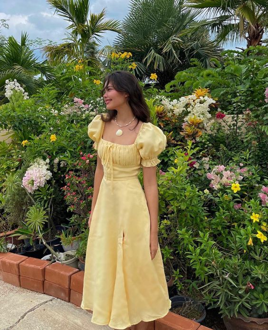 Cute Puff Sleeves Yellow Prom Dress Slit Party Dress Evening Dress SH880