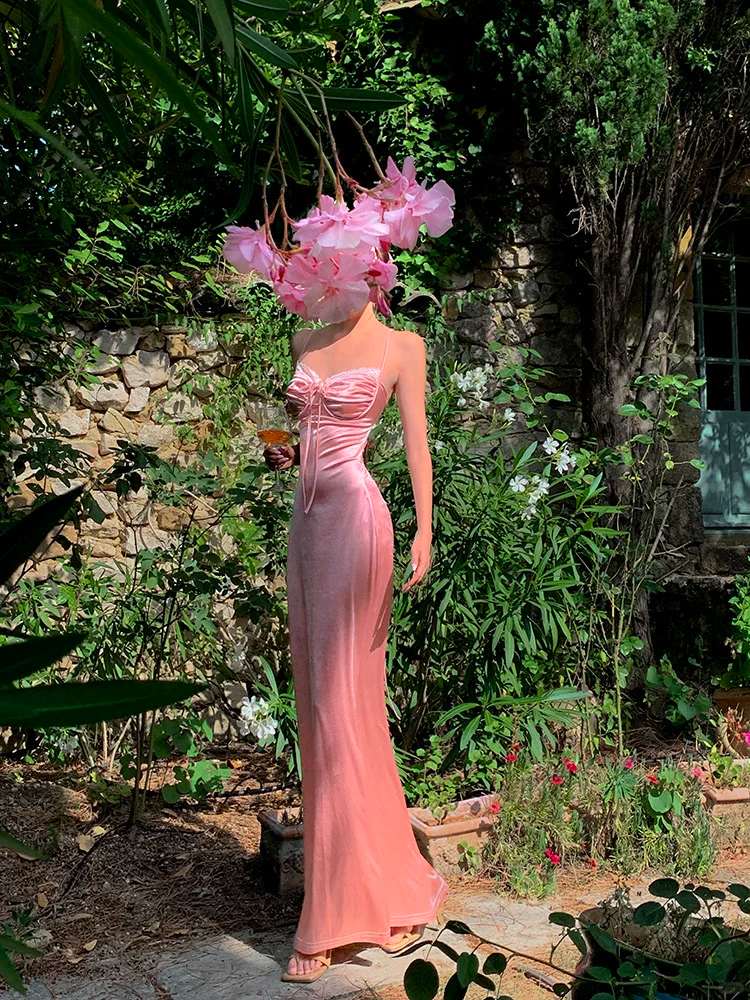 Peaches Pink Sheath Spaghetti Strap Satin Long Prom Dress Evening Dress SH4338