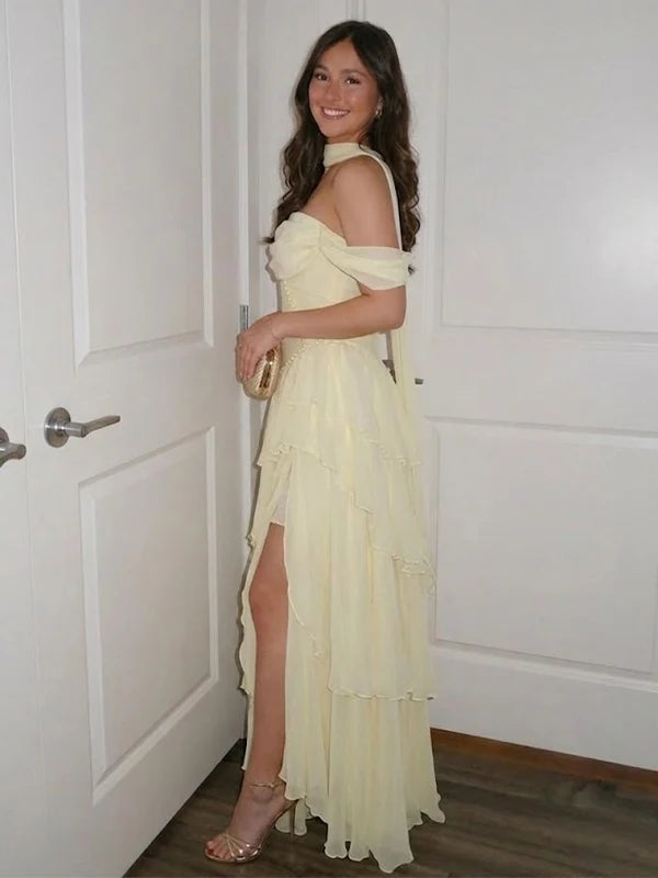 Light Yellow A Line Off the Shoulder Layered Chiffon Prom Dress Evening Dress SH8278