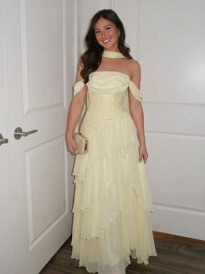 Light Yellow A Line Off the Shoulder Layered Chiffon Prom Dress Evening Dress SH8278