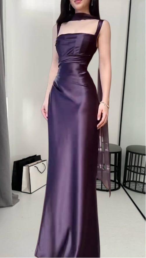 Inspiration Purple Sheath Strap Simple Satin Long Prom Dress Evening Dress SH6934