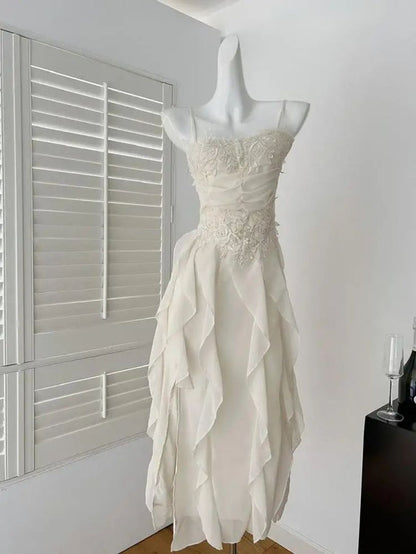 Cute A Line Spaghetti Strap Ruffle White Appliques Chiffon Party Dress Evening Dress SH2828
