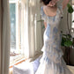 Gentle Mermaid Strap Print Flower Blue Chiffon Party Dress Evening Dress SH2869
