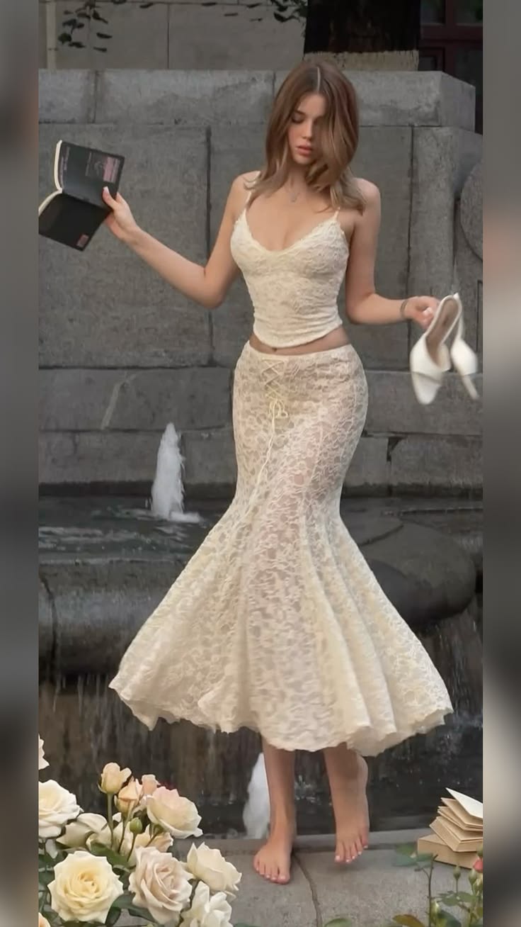 Two Piece Mermaid Spaghetti Strap Ivory Lace Long Prom Dress Evening Dress SH8120